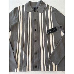 Christian Lacroix Striped Button-Front Knit Cardigan Sweater Mens S Olive Cream